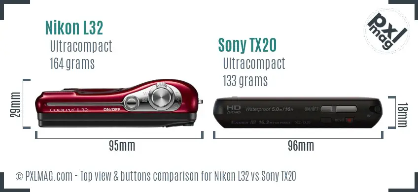 Nikon L32 vs Sony TX20 top view buttons comparison