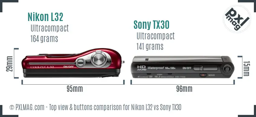 Nikon L32 vs Sony TX30 top view buttons comparison