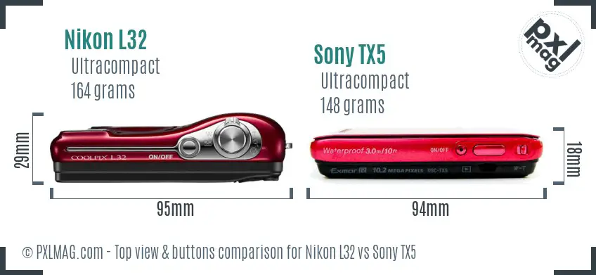 Nikon L32 vs Sony TX5 top view buttons comparison