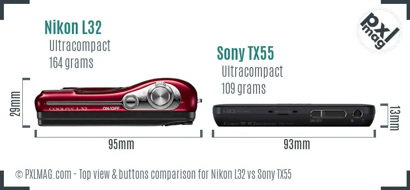 Nikon L32 vs Sony TX55 top view buttons comparison