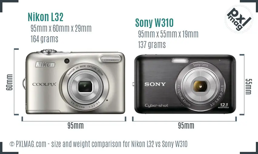 Nikon L32 vs Sony W310 size comparison
