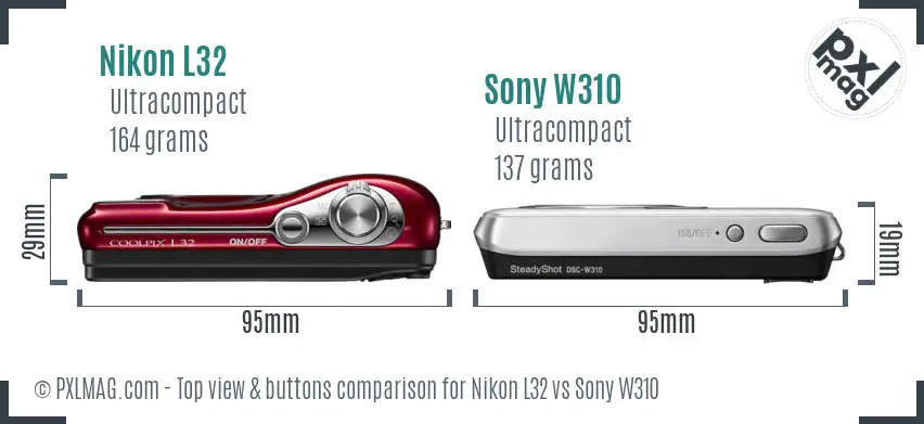 Nikon L32 vs Sony W310 top view buttons comparison