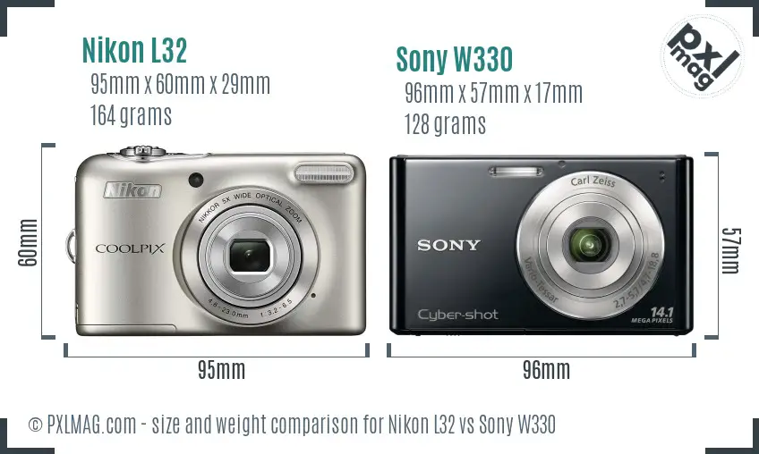 Nikon L32 vs Sony W330 size comparison