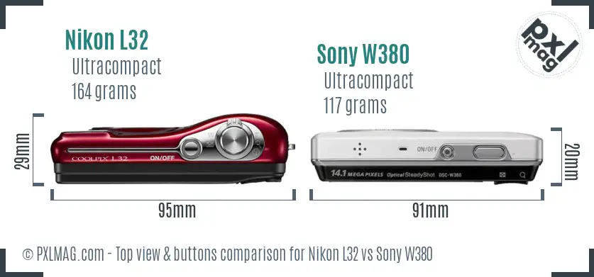 Nikon L32 vs Sony W380 top view buttons comparison