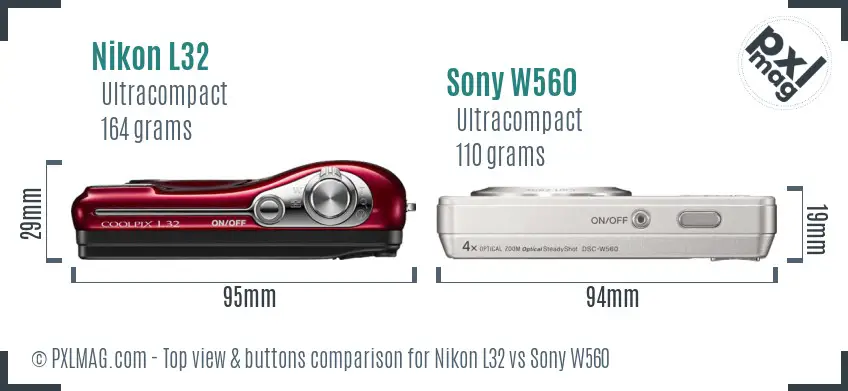 Nikon L32 vs Sony W560 top view buttons comparison