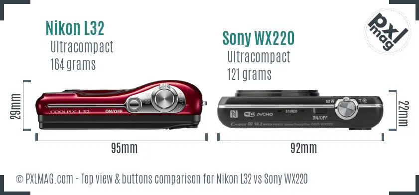 Nikon L32 vs Sony WX220 top view buttons comparison