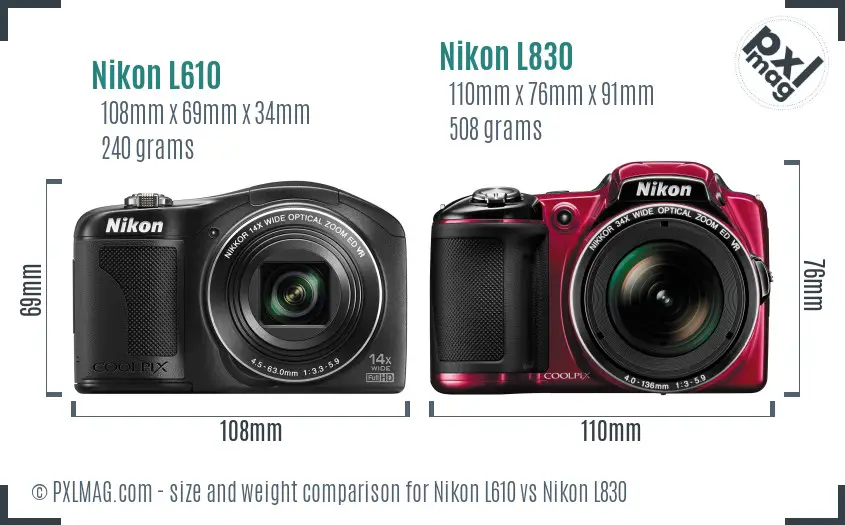 Nikon L610 vs Nikon L830 size comparison