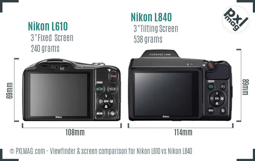 Nikon L610 vs Nikon L840 Screen and Viewfinder comparison