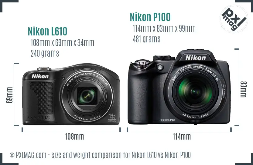 Nikon L610 vs Nikon P100 size comparison Nikon L610 vs Nikon P100 size comparison