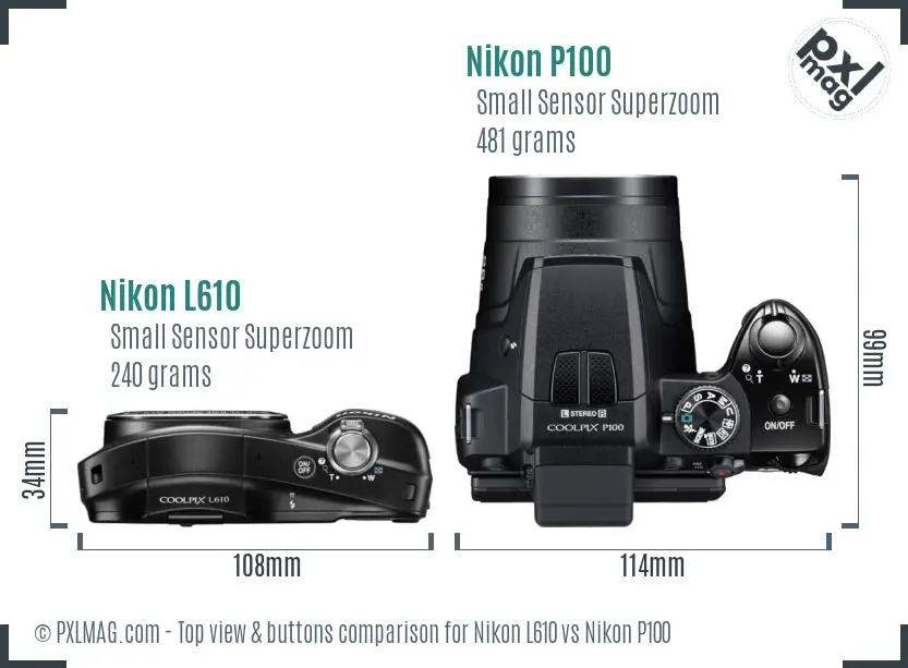 Nikon L610 vs Nikon P100 top view buttons comparison Nikon L610 vs Nikon P100 top view buttons comparison