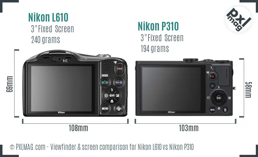 Nikon L610 vs Nikon P310 Screen and Viewfinder comparison