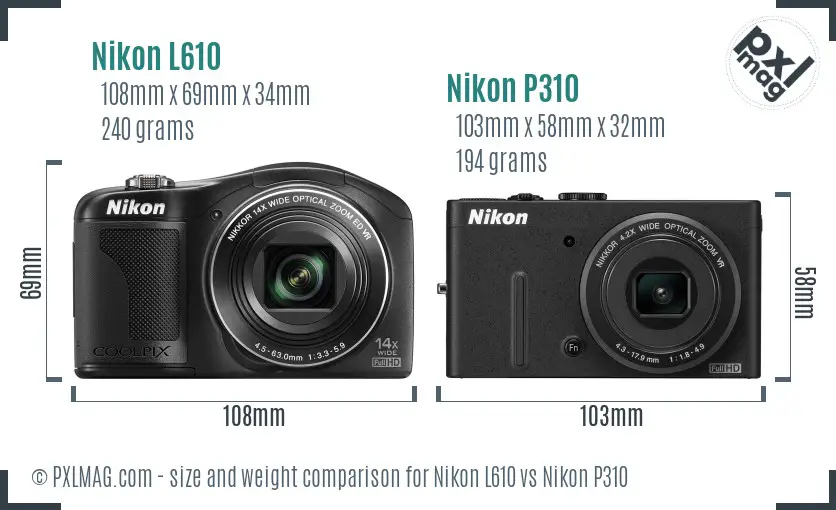 Nikon L610 vs Nikon P310 size comparison