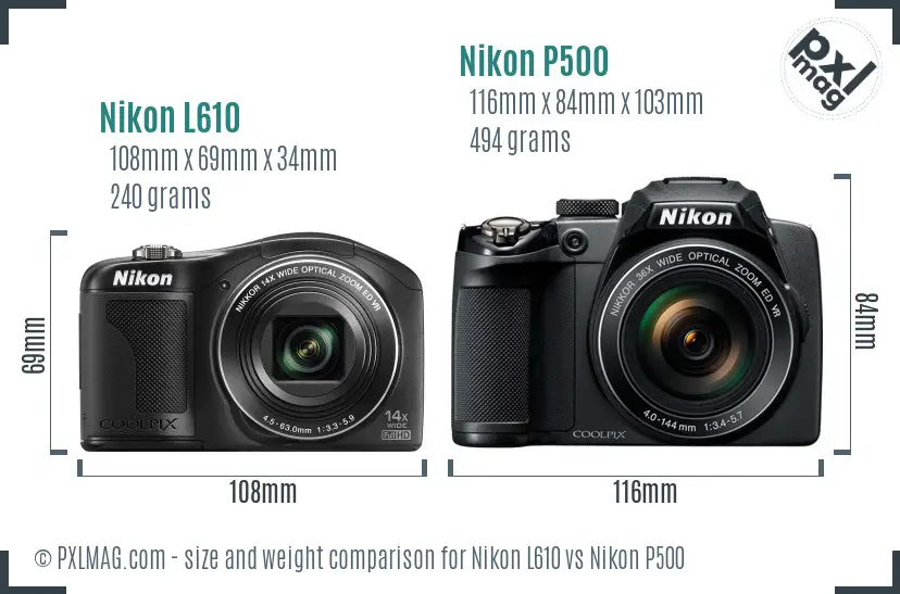 Nikon L610 vs Nikon P500 size comparison