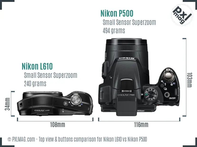 Nikon L610 vs Nikon P500 top view buttons comparison