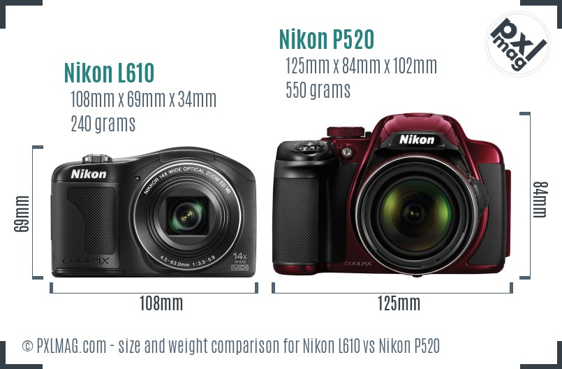 Nikon L610 vs Nikon P520 size comparison