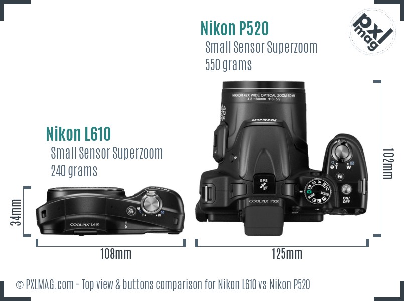 Nikon L610 vs Nikon P520 top view buttons comparison