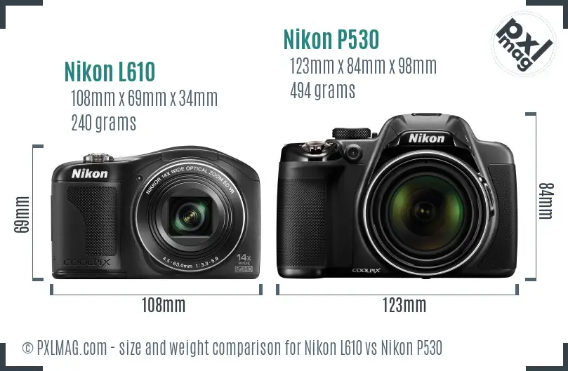 Nikon L610 vs Nikon P530 size comparison