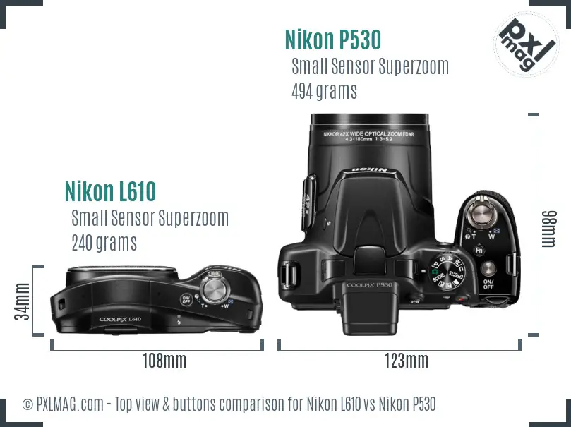 Nikon L610 vs Nikon P530 top view buttons comparison