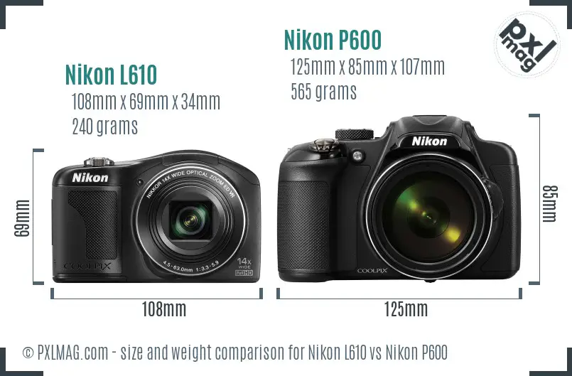 Nikon L610 vs Nikon P600 size comparison