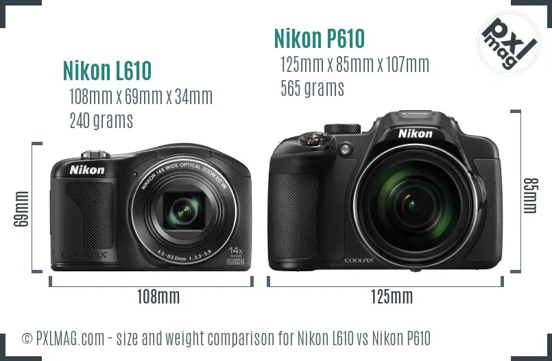 Nikon L610 vs Nikon P610 size comparison