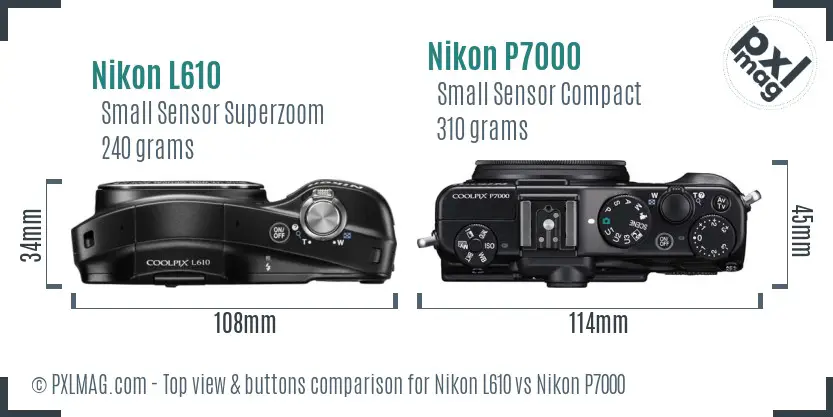 Nikon L610 vs Nikon P7000 top view buttons comparison