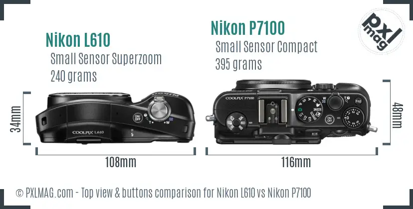 Nikon L610 vs Nikon P7100 top view buttons comparison
