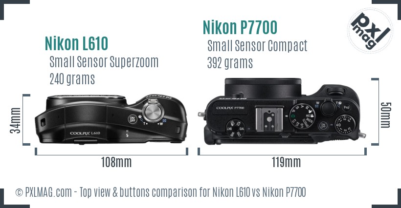 Nikon L610 vs Nikon P7700 top view buttons comparison