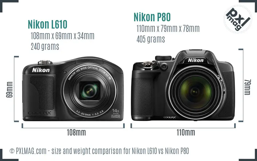 Nikon L610 vs Nikon P80 size comparison