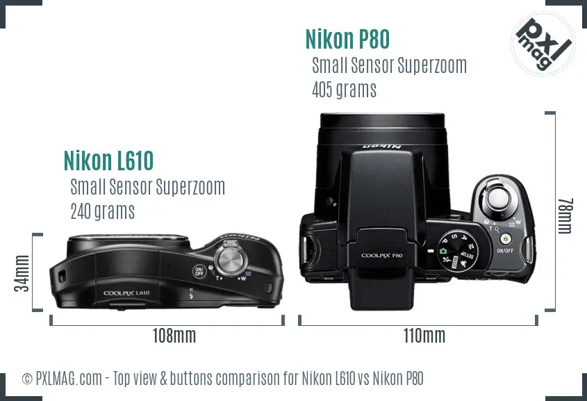 Nikon L610 vs Nikon P80 top view buttons comparison