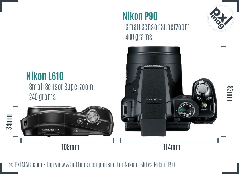 Nikon L610 vs Nikon P90 top view buttons comparison