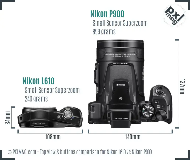 Nikon L610 vs Nikon P900 top view buttons comparison Nikon L610 vs Nikon P900 top view buttons comparison