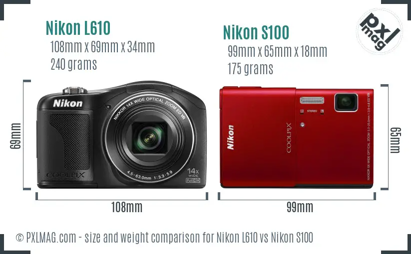 Nikon L610 vs Nikon S100 size comparison