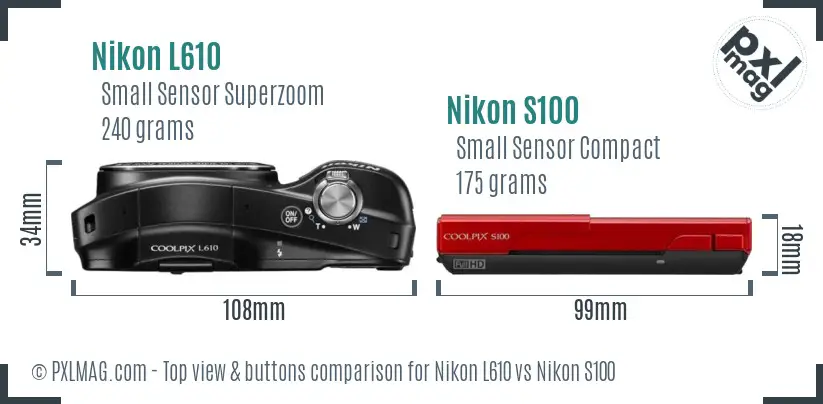 Nikon L610 vs Nikon S100 top view buttons comparison