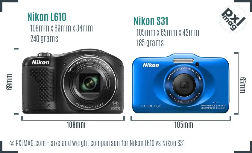 Nikon L610 vs Nikon S31 size comparison