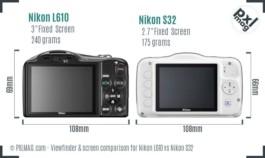 Nikon L610 vs Nikon S32 Screen and Viewfinder comparison
