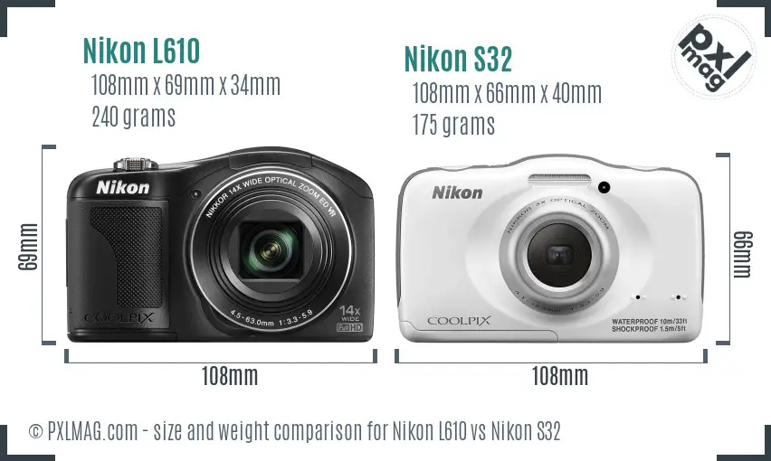 Nikon L610 vs Nikon S32 size comparison