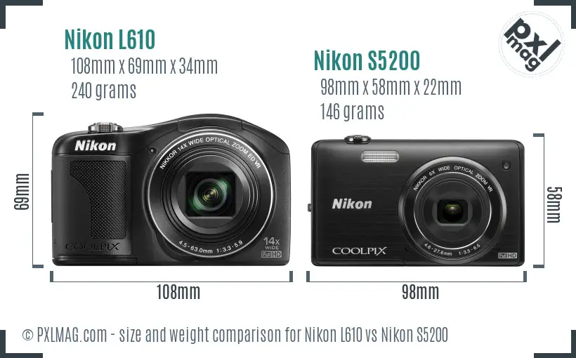 Nikon L610 vs Nikon S5200 size comparison