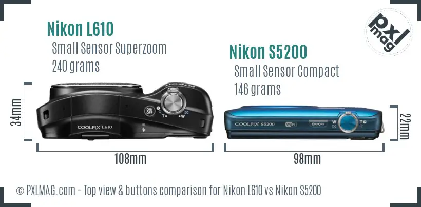 Nikon L610 vs Nikon S5200 top view buttons comparison