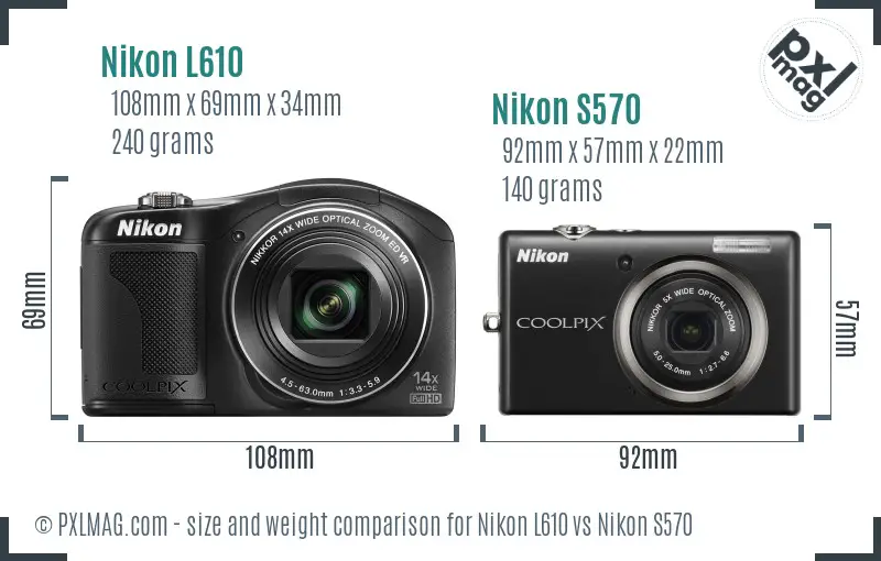 Nikon L610 vs Nikon S570 size comparison