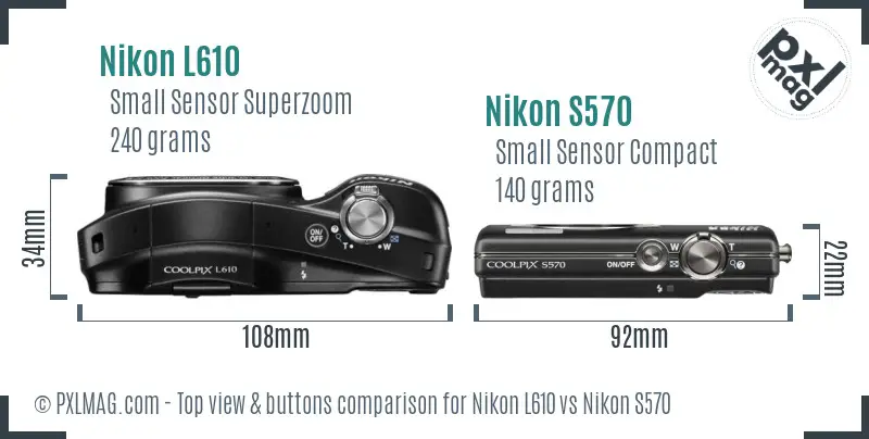 Nikon L610 vs Nikon S570 top view buttons comparison