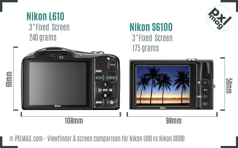 Nikon L610 vs Nikon S6100 Screen and Viewfinder comparison