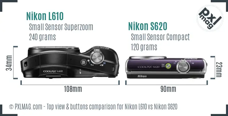 Nikon L610 vs Nikon S620 top view buttons comparison