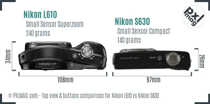 Nikon L610 vs Nikon S630 top view buttons comparison Nikon L610 vs Nikon S630 top view buttons comparison