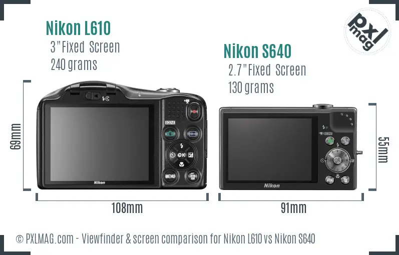 Nikon L610 vs Nikon S640 Screen and Viewfinder comparison