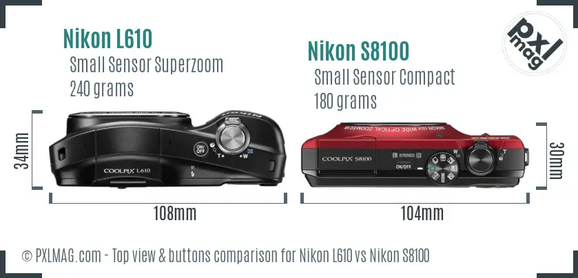Nikon L610 vs Nikon S8100 top view buttons comparison Nikon L610 vs Nikon S8100 top view buttons comparison