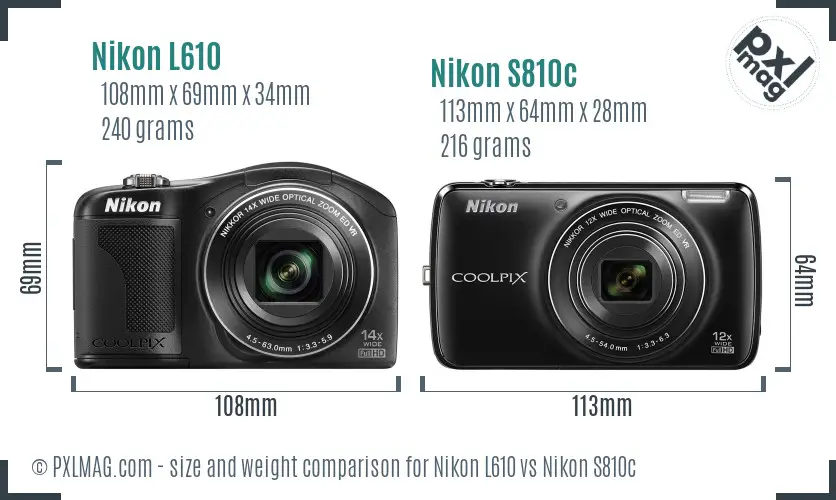 Nikon L610 vs Nikon S810c size comparison