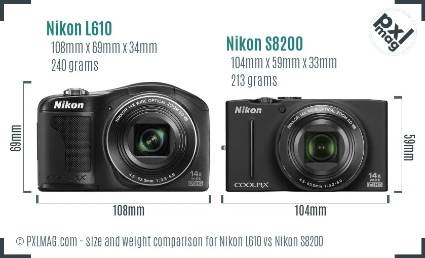 Nikon L610 vs Nikon S8200 size comparison