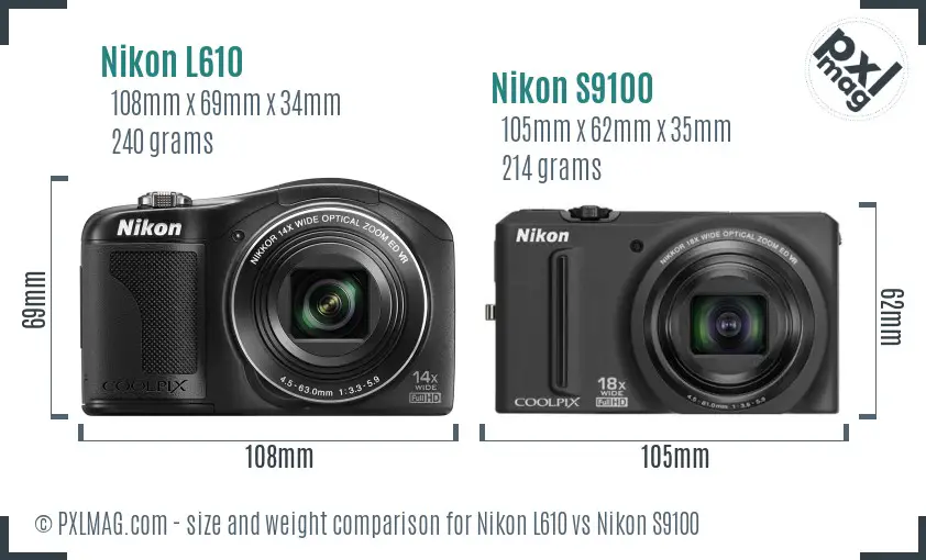Nikon L610 vs Nikon S9100 size comparison