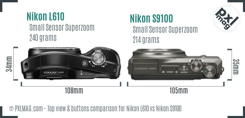 Nikon L610 vs Nikon S9100 top view buttons comparison
