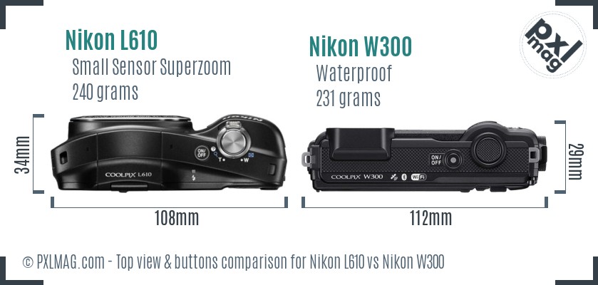Nikon L610 vs Nikon W300 top view buttons comparison